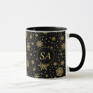 Monogrammed Merry Christmas Golden Snowflakes Mug