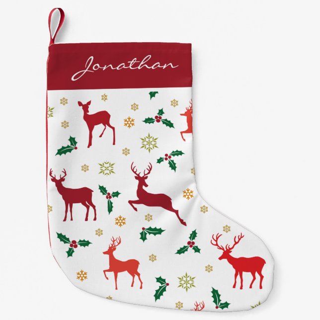Monogrammed Merry Christmas Holly Reindeer Holiday Small Christmas Stocking (Front)