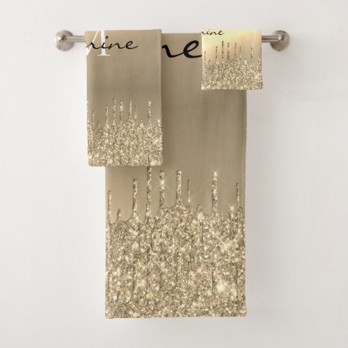 Monogrammed Metallic 14k Gold Dripping Glitter Bath Towel Set