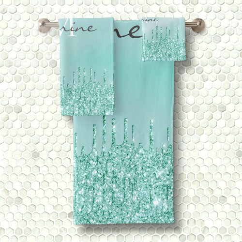 Monogrammed Metallic Aqua Blue Dripping Glitter Bath Towel Set