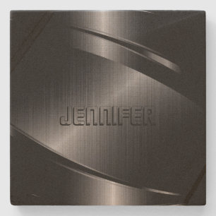 Monogrammed Metallic Black Stainless Steel Look Stone Coaster