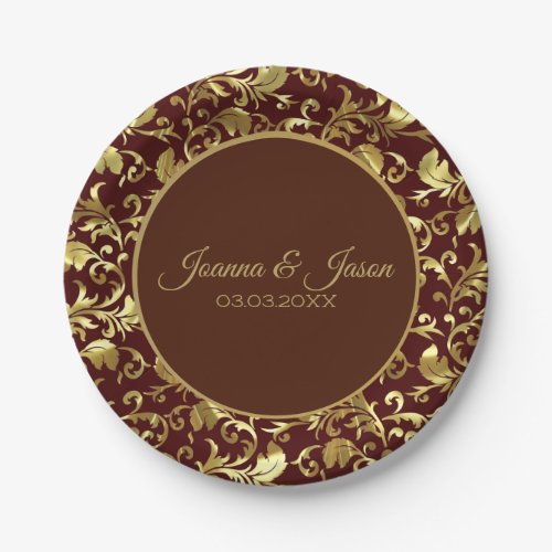 Monogrammed Metallic Gold Damask And Brown Circle Paper Plates