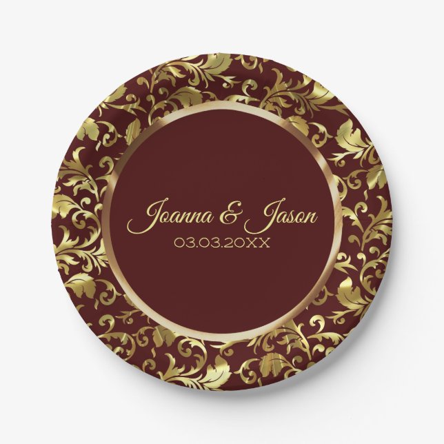 Monogrammed Metallic Gold Damask And Brown Circle Paper Plates (Front)
