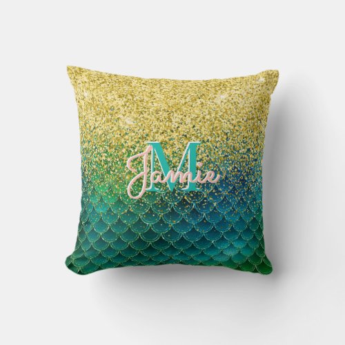 Monogrammed Metallic Gold Glitter  Green Mermaid Throw Pillow