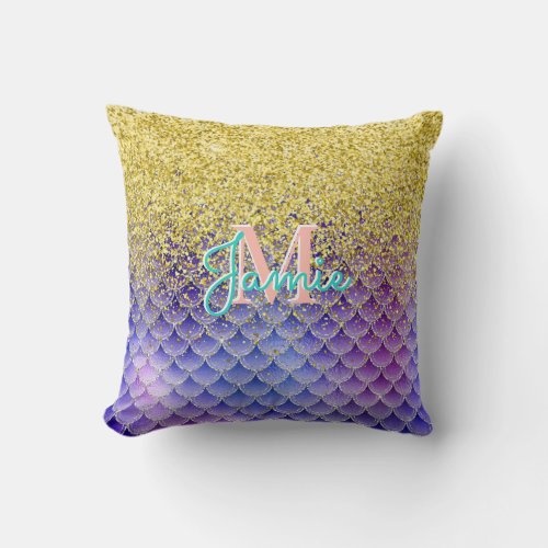Monogrammed Metallic Gold Glitter Purple Mermaid Throw Pillow
