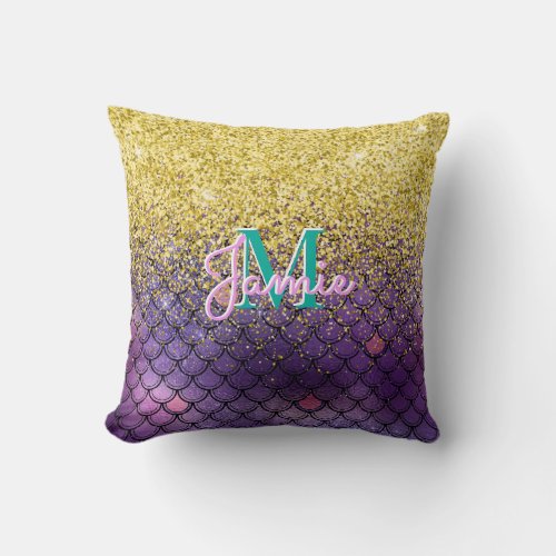 Monogrammed Metallic Gold Glitter  Purple Mermaid Throw Pillow