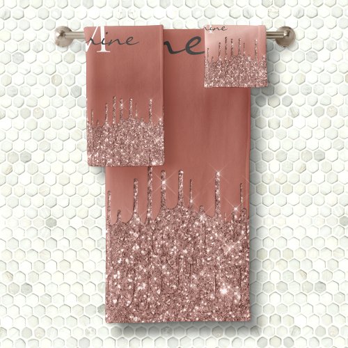 Monogrammed Metallic Rose Gold Dripping Glitter Bath Towel Set