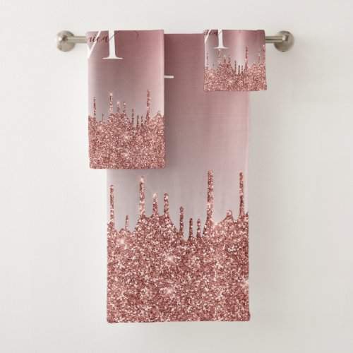 Monogrammed Metallic Rose Gold Dripping Glitter Bath Towel Set