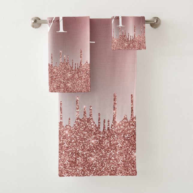 Monogrammed Metallic Rose Gold Dripping Glitter Bath Towel Set (Insitu)