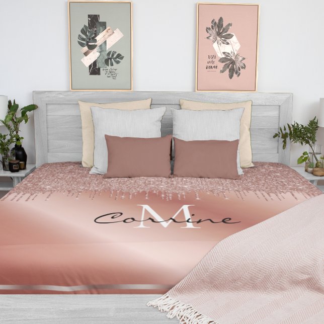 Monogrammed Metallic Rose Gold Dripping Glitter Duvet Cover (Creator Uploaded)