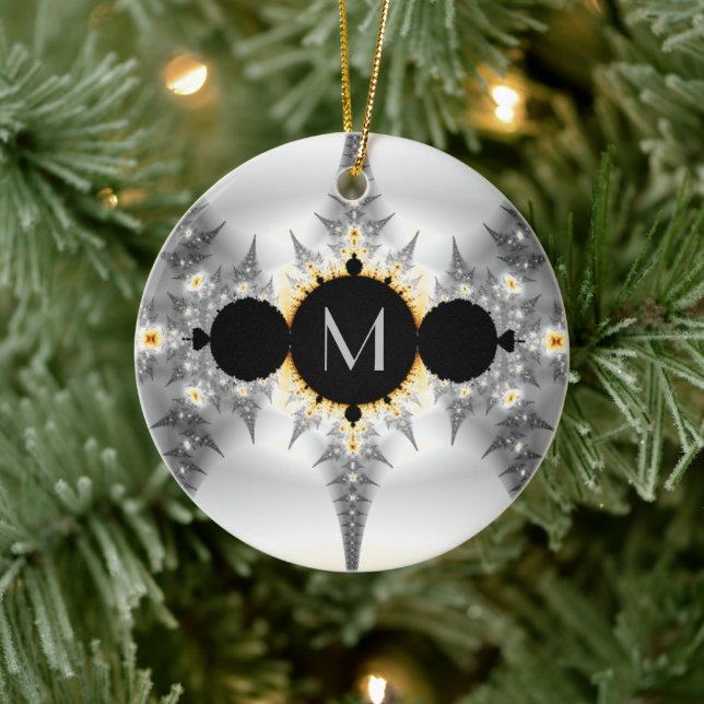 Monogrammed Metallic Silver Fractal Ceramic Ornament (Tree)