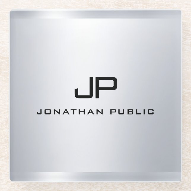 Monogrammed Metallic Silver Look Template Elegant Glass Coaster (Front)