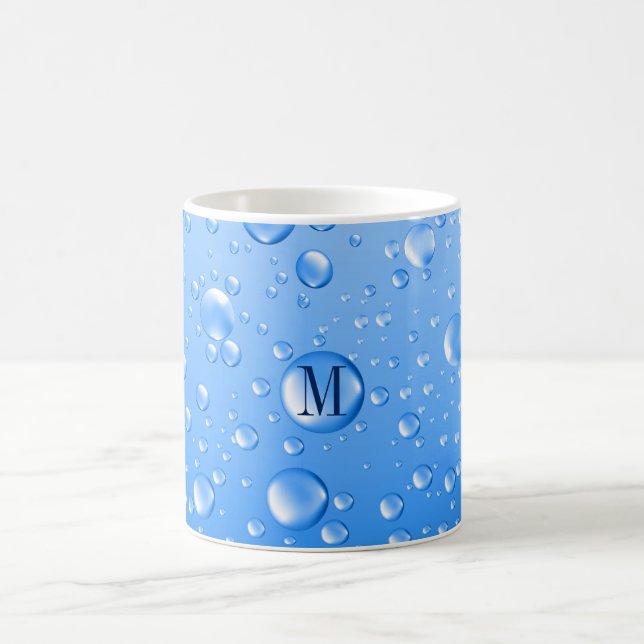 Monogrammed Metallic Sky Blue Rain Drops Coffee Mug (Center)
