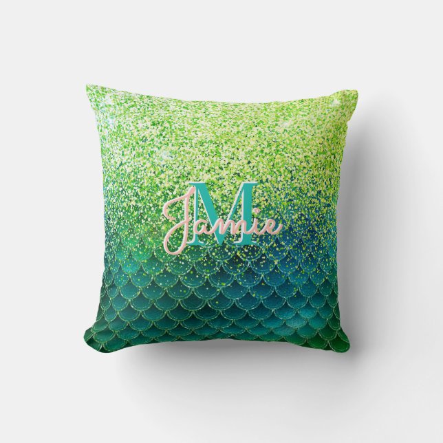 Monogrammed Metallic Slime Green Glitter Mermaid Throw Pillow (Front)