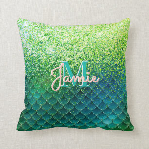 Monogrammed Metallic Slime Green Glitter Mermaid Throw Pillow