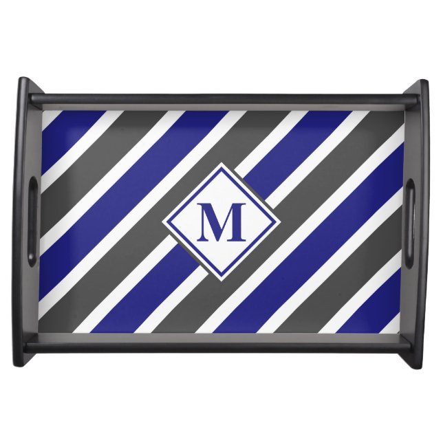 Monogrammed Midnight Blue & Dark Gray Stripes Serving Tray (Front)