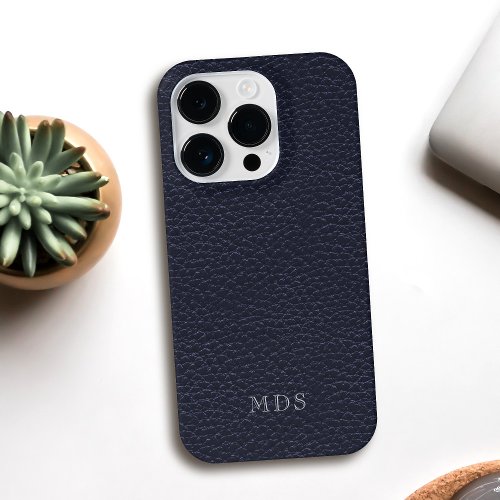 Monogrammed Midnight Blue Faux Leather Look Case_Mate iPhone 14 Pro Case