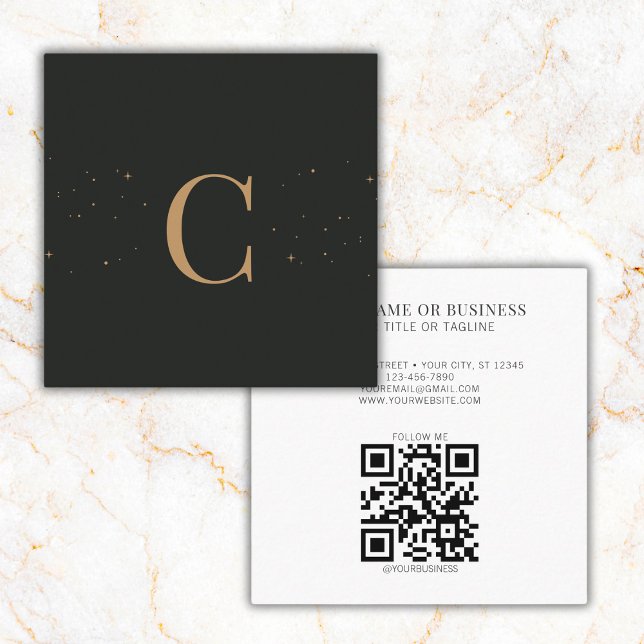 Monogrammed Minimal Celestial Stars Black QR Code Square Business Card (Creator Uploaded)