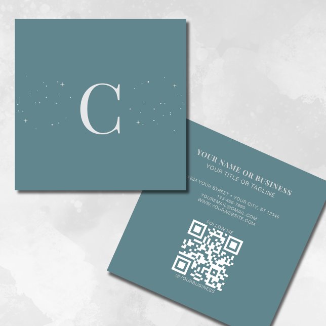 Monogrammed Minimal Celestial Stars Sage QR Code Square Business Card (Creator Uploaded)