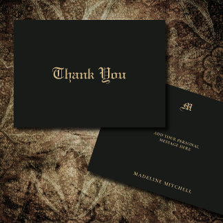 Monogrammed Minimal Elegant Ornate Black Gold Thank You Card