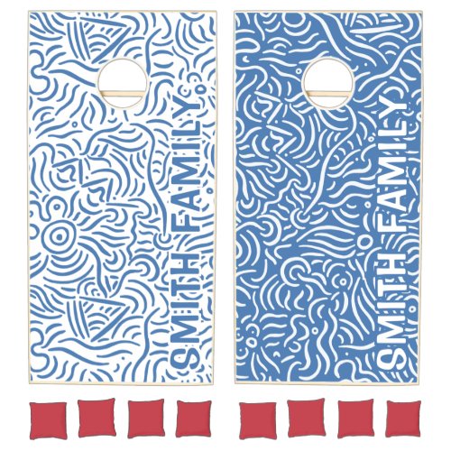 Monogrammed Minimal Line Art Blue Family Cornhole Set