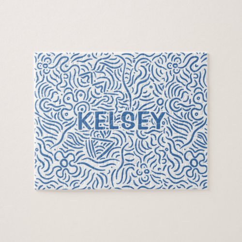 Monogrammed Minimal Line Art Blue Jigsaw Puzzle