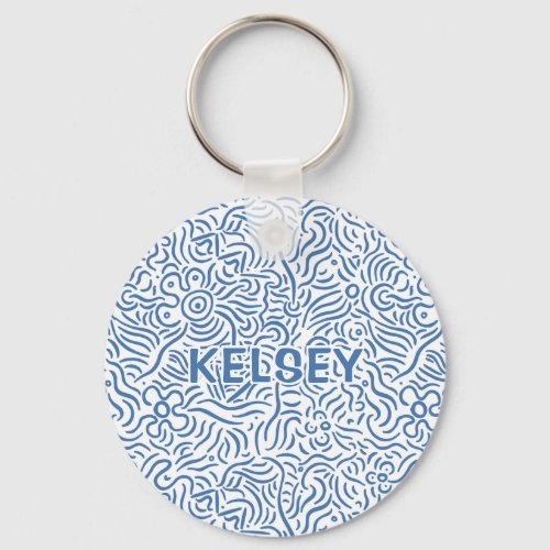 Monogrammed Minimal Line Art Blue Keychain