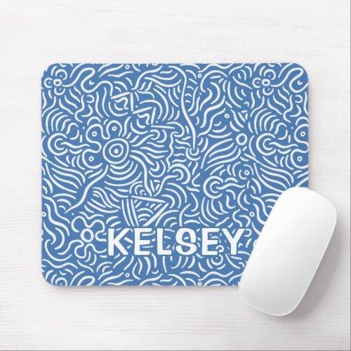 Monogrammed Minimal Line Art Blue Mouse Pad