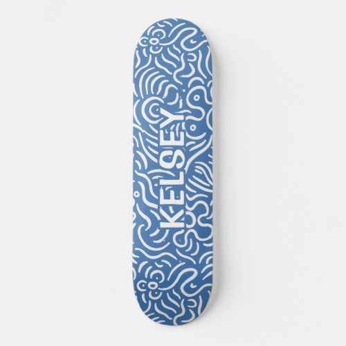 Monogrammed Minimal Line Art Blue Skateboard