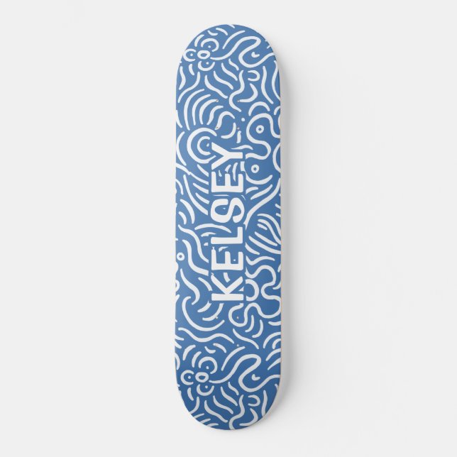 Monogrammed Minimal Line Art Blue Skateboard (Front)