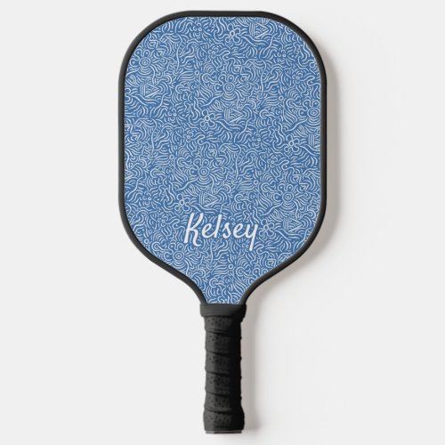 Monogrammed Minimal Line Art Colorful Blue Pickleball Paddle