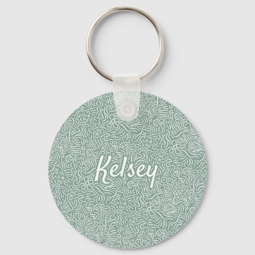 Monogrammed Minimal Line Art Colorful Green Keycha Keychain