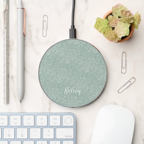 Monogrammed Minimal Line Art Colorful Green Wireless Charger