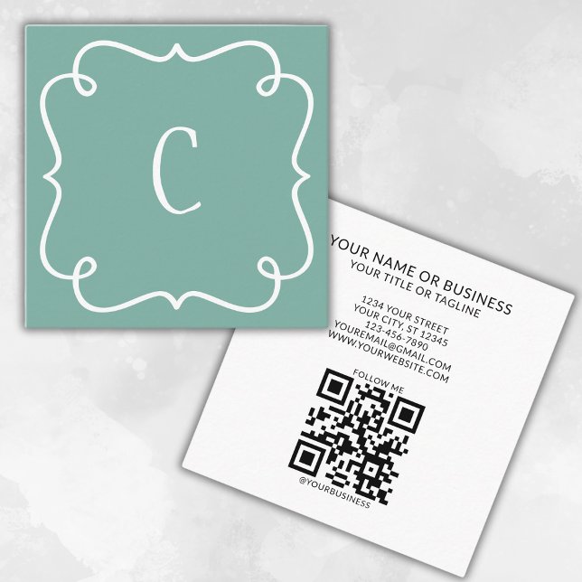 Monogrammed Minimal Trendy Sage Green QR Code Square Business Card (Creator Uploaded)