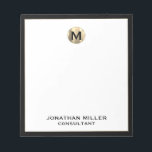 Monogrammed Minimalist Black and Gold Notepad<br><div class="desc">Make your notes stand out with this monogrammed minimalist black and gold notepad. The elegant design features a brushed gold monogram initial set against a white background trimmed in black, with classic block typography for the name and title. The notepad contains 40 sheets of high-quality paper, perfect for jotting down...</div>