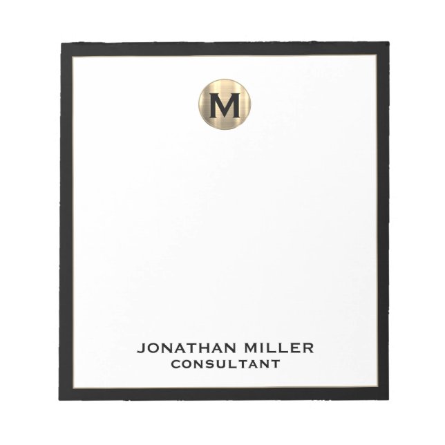 Monogrammed Minimalist Black and Gold Notepad (Front)