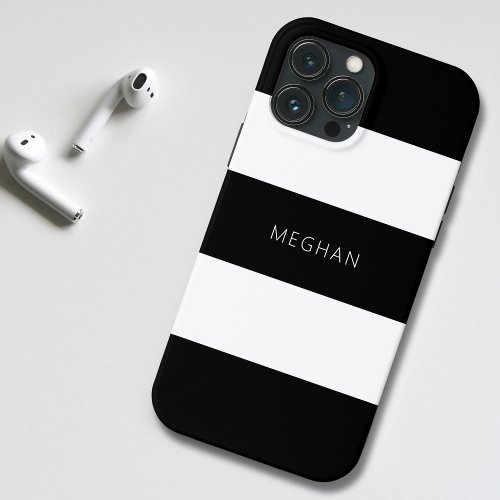 Monogrammed Minimalist Black White Stripe Pattern iPhone 13 Pro Max Case