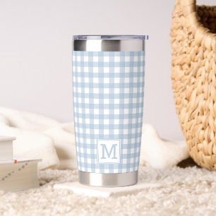 Monogrammed Minimalist Blue Gingham Plaid Pattern Insulated Tumbler