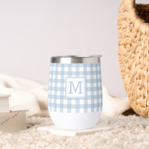 Monogrammed Minimalist Blue Gingham Plaid Pattern Thermal Wine Tumbler