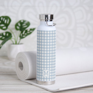 Monogrammed Minimalist Blue Gingham Plaid Pattern Water Bottle