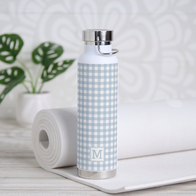 Monogrammed Minimalist Blue Gingham Plaid Pattern Water Bottle (Yoga)