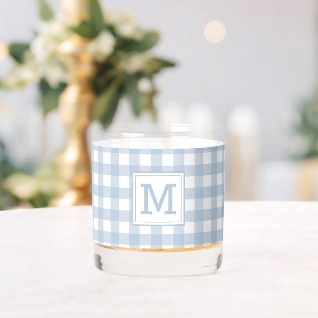 Monogrammed Minimalist Blue Gingham Plaid Pattern Whiskey Glass (Insitu (Wedding))