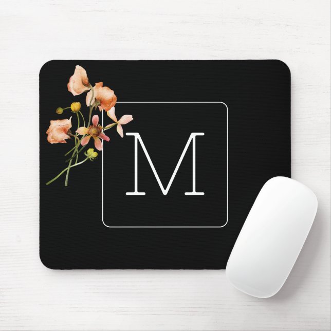 Monogrammed Minimalist Floral black Mouse Pad (With Mouse)