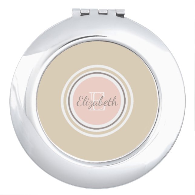 Monogrammed Minimalist Pink & Beige Mirror For Makeup (Front)
