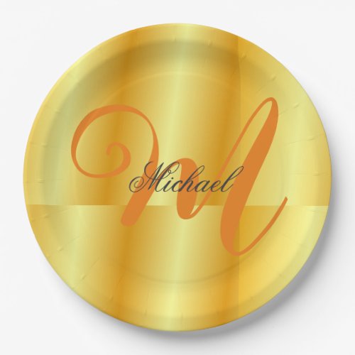 Monogrammed Minimalist Plain Modern Gold Color Paper Plates