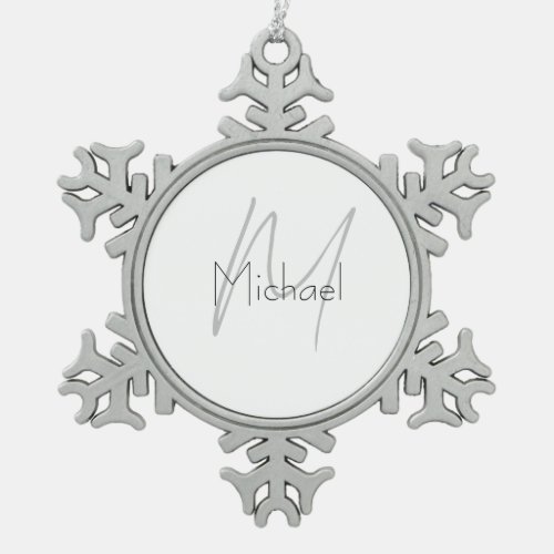 Monogrammed Minimalist Plain Modern Name Snowflake Pewter Christmas Ornament