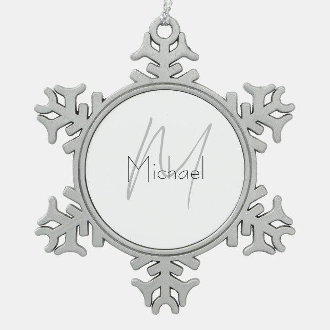 Monogrammed Minimalist Plain Modern Name Snowflake Pewter Christmas Ornament (Front)
