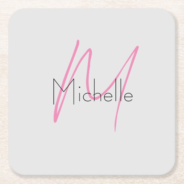 Monogrammed Minimalist Plain Modern Name Square Paper Coaster (Front)