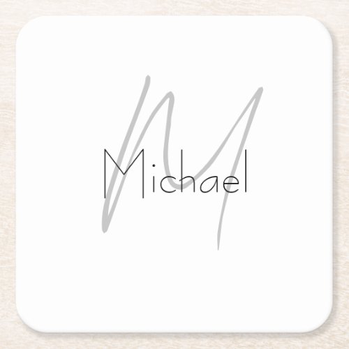 Monogrammed Minimalist Plain Modern Name Square Paper Coaster