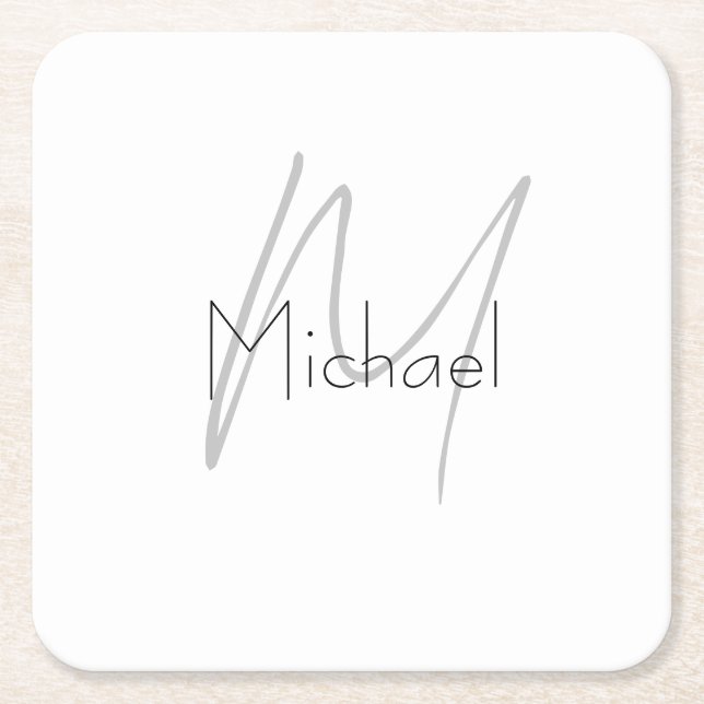 Monogrammed Minimalist Plain Modern Name Square Paper Coaster (Front)